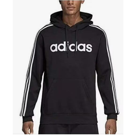 Adidas 3-Stripe Logo Hoodie Black White Size L (16-18) Drawstring Pullover - Picture 1 of 6